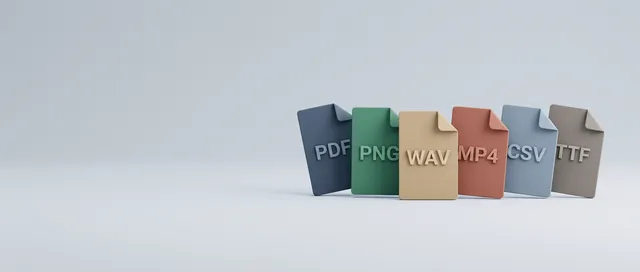 File icons labelled PDF, PNG, WAV, MP4, CSV and TTF racked side by side